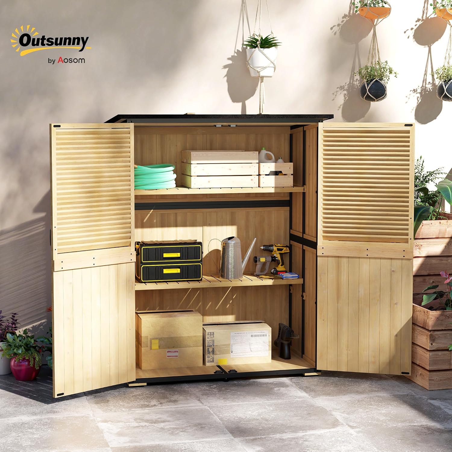 Outsunny Outdoor Storage Cabinet, Wood Garden Tool Shed with Lock, Steel Frame and Asphalt Roof, Garden Storage Shed with Adjustable Shelves and Feet for Patio Backyard Lawn, Natural