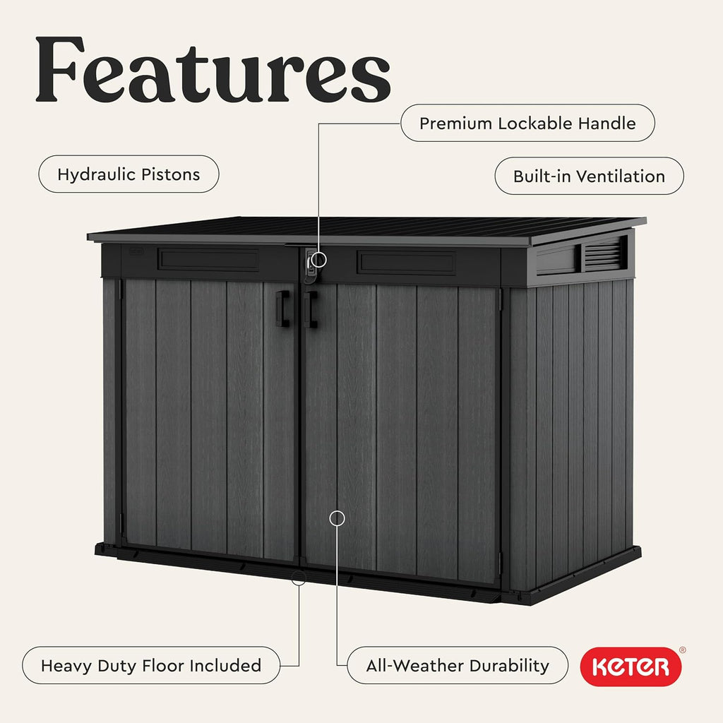 Keter Cortina Mega All‑Weather Outdoor Resin Horizontal Storage Shed with Lockable Doors, Garbage Bin & Yard Equipment Storage, Durable Patio Storage Cabinet, Graphite