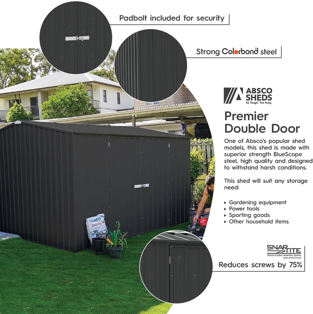 Absco Premier Storage Sheds, 10'x10' Metal Garage, DIY Backyard Shed, Utility Tool Storage, Weather & Wind Resistant Aluminum Panels & Steel Frame, Maintenance-Free, 12 Year Warranty, Monument Gray