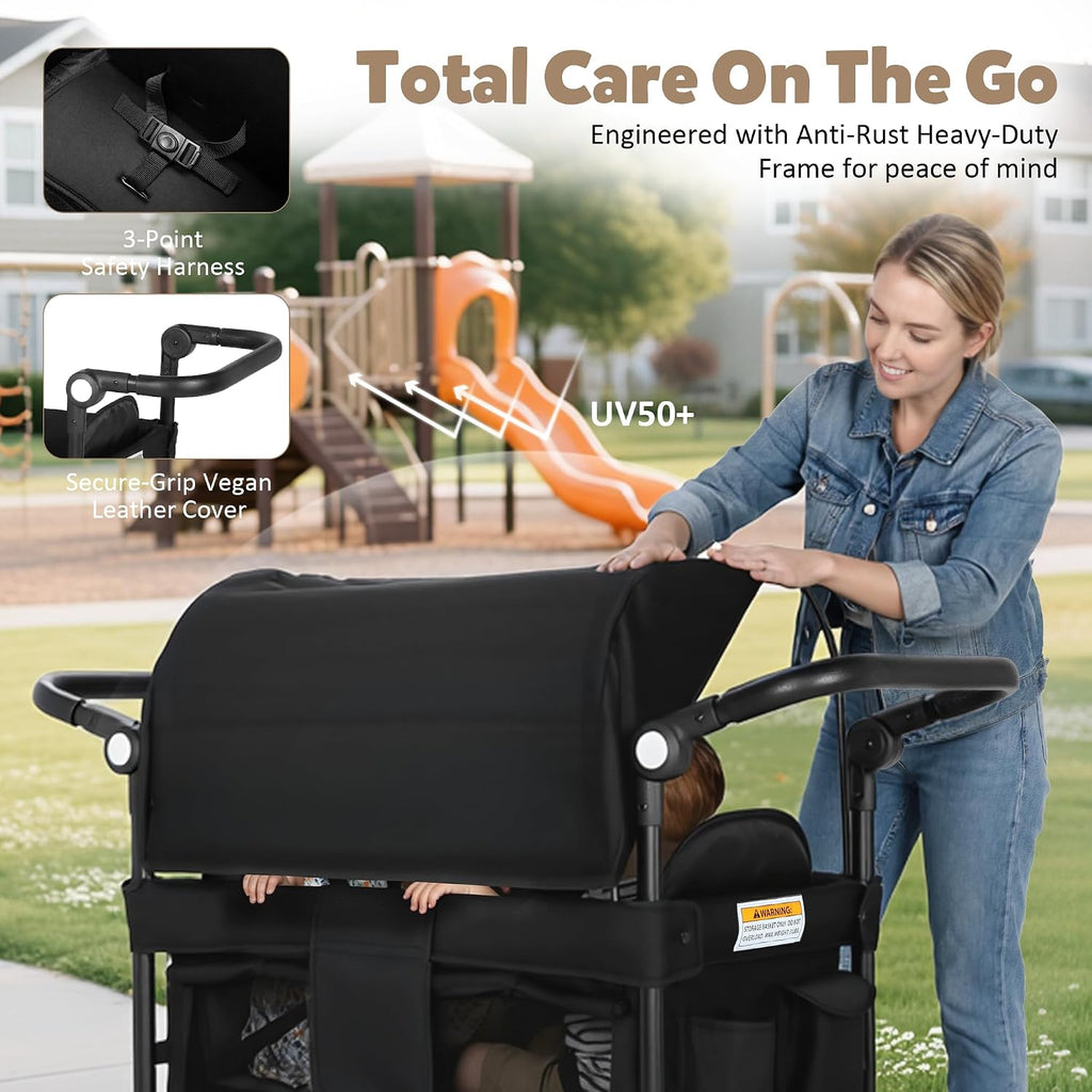 TODEFULL Wagon Stroller for 2 Kids, All-Terrain Stroller Wagon, Foldable Kids Wagon Cart Featuring with Harnesses, Adjustable Double Push Handle, Removable Canopy, Snack Tray, Large Storage Bag, Black