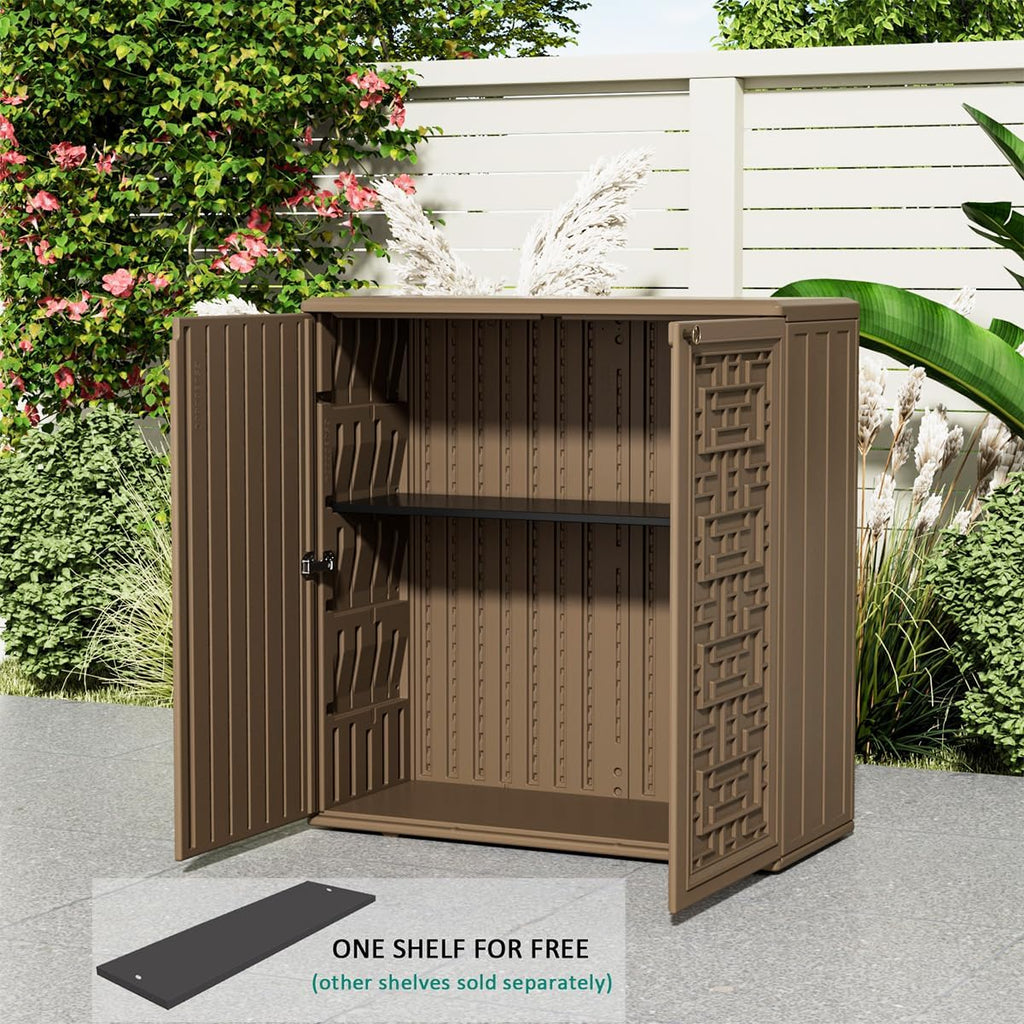 KINYING Outdoor Storage Cabinet Waterproof, Resin 62 Gallon Storage Box for Patio Furniture Cushions, Garden Tools, Pool Accessories (Dark Brown with 1 Shelving)