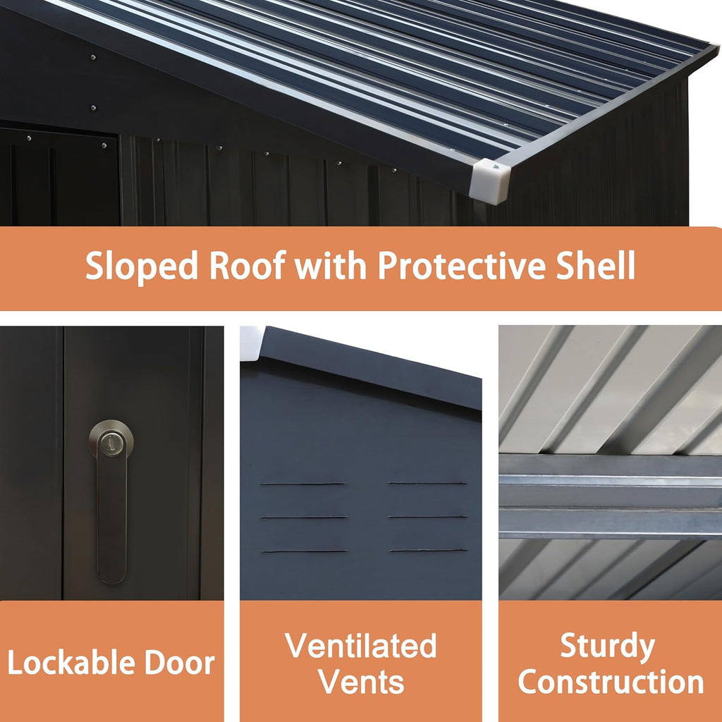 MUPATER 8 x 10 FT Outdoor Storage Shed, Galvanized Metal Garden Tool Shed, Patio Storage House with Double Slooping Roof, Lockable Door and Vents for Patio and Backyard, Grey