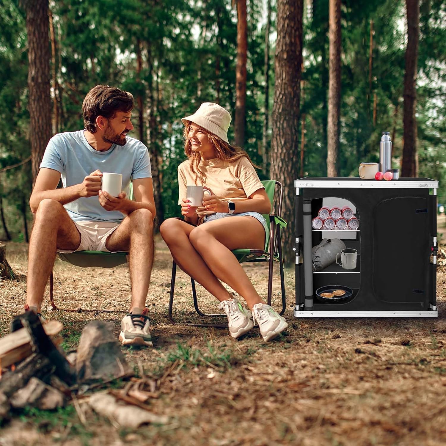 EAGLE PEAK Double Folding Camping Table with Storage Organizer and Side Pockets, Portable Outdoor Portable Camping Table for BBQ, Picnic and Tailgating, Carry Bag Included, Black