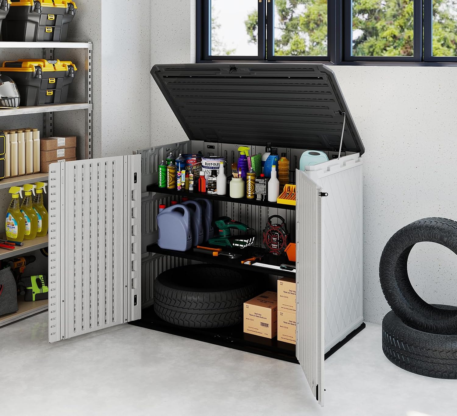 HOMSPARK Storage Shed Weather Resistance, Multi-Purpose Outdoor Storage Cabinet for Backyards and Patios, 26 Cu.ft Capacity Horizontal Storage Shed for Bike, Lawnmower, Trash Cans, Patio Accessories
