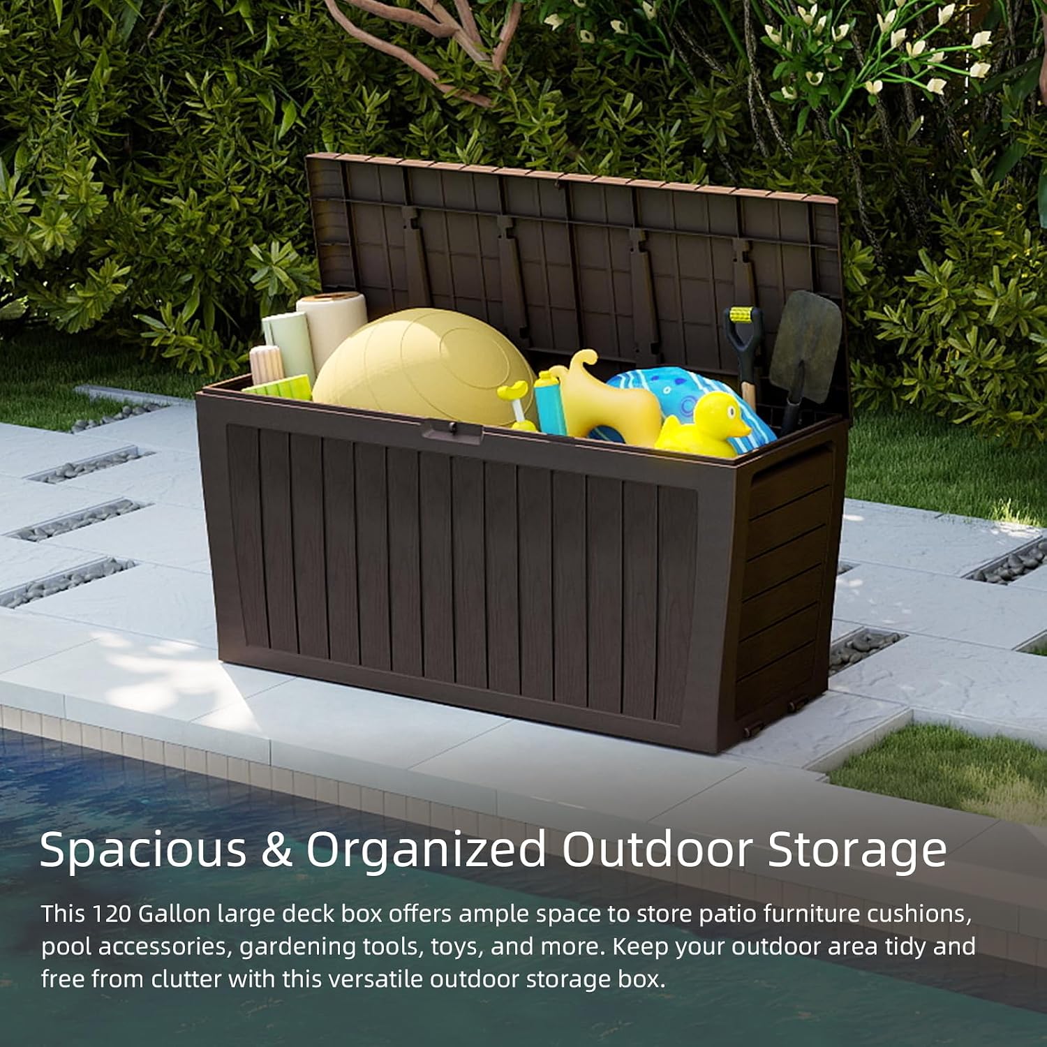 71 Gallon Resin Deck Box，Outdoor Storage Box, Waterproof Lockable Large Storage Bench for Patio Furniture, Pool Accessories & Garden Tools, Brown