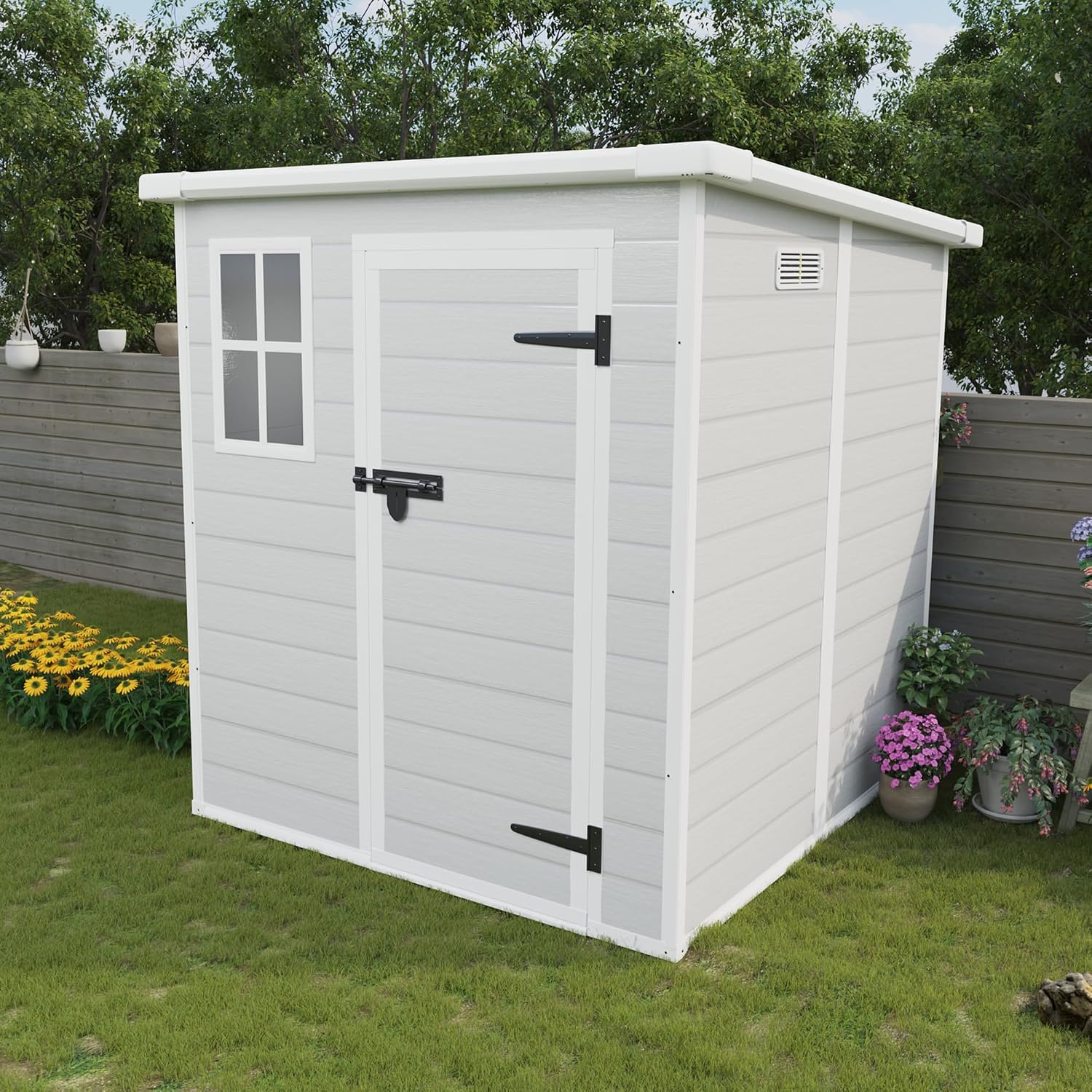 KEIKI 6x6 FT Outdoor Resin Storage Shed, Polypropylene Storage Shed with Floor & Window & Lockable Door & Vents, Garden Shed Tool Shed for Home Backyard Garden Lawn Pool Supplies, Light Grey