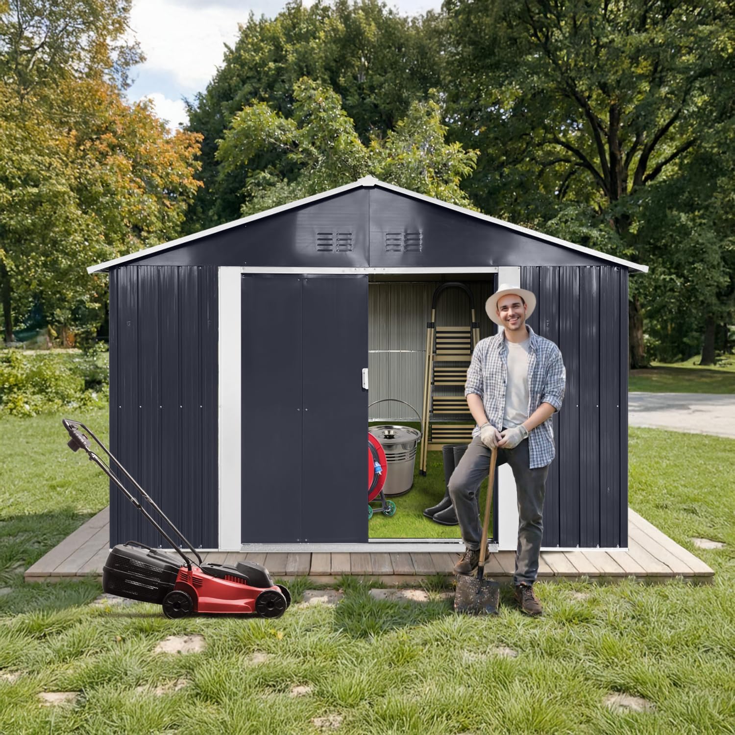 9' x 10.5' XL Outdoor Storage Shed, Sturdy Metal Building w/Windows & Lockable Doors for Garden, Backyard, Poolside and Lawn, Anthracite