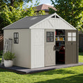 Devoko 10x8 FT Resin Outdoor Storage Shed with Floor, Plastic Tool Garden Shed with Windows & Lockable Door, Outside Large Storage Shed for Patio Backyard Lawn, Beige