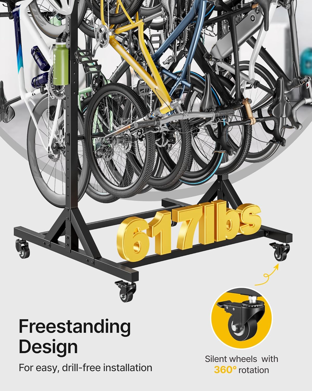 monTEK Freestanding Bike Storage Rack for 10 Bikes, Heavy Duty 617LBS Vertical Bike Stand with 10 Bike Hooks & 6 Helmet Hooks, Indoor and Outdoor Bike Storage Rack with Locking Casters