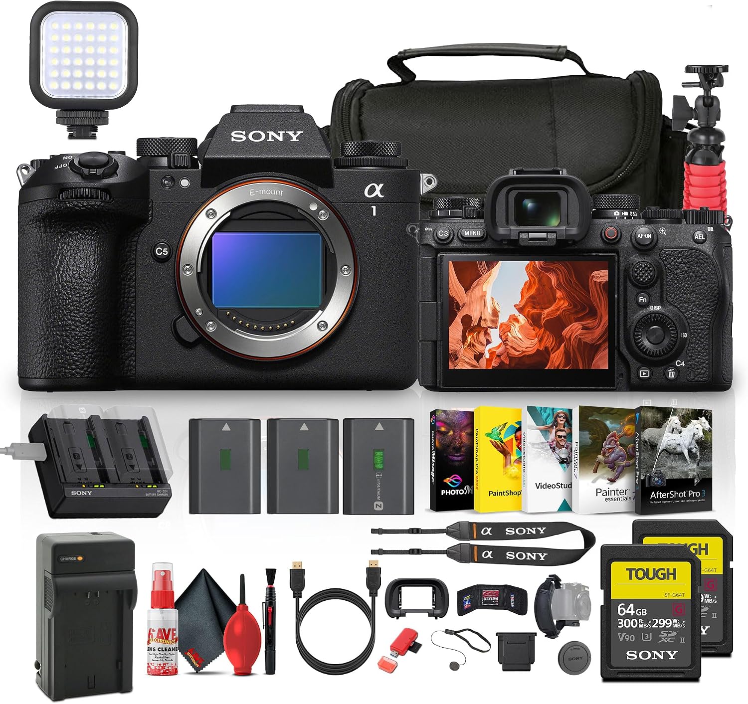 Sony Alpha a1 II Full-Frame Interchangeable Lens Mirrorless Camera (ILCE-1M2) + 2 x 64GB Memory Card + 2 x NP-FZ100 + Photography Software + LED Light + Camera Bag + Flexible Tripod + More (Renewed)