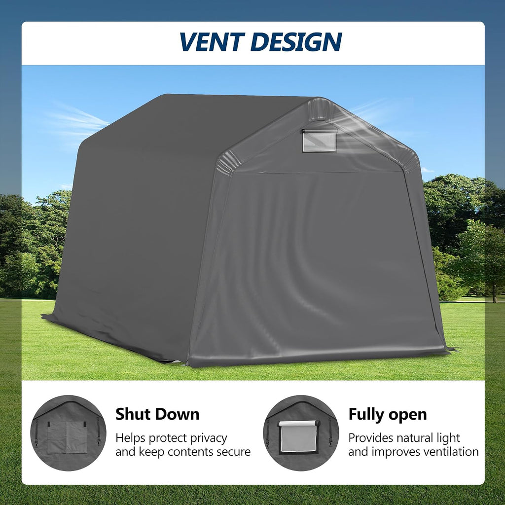 COVERONICS 8' x 14' Outdoor Storage Shed - Heavy Duty Portable Shelter Carport with Ventilation Windows and Roll-up Doors, Storage Shelter Tent for Motorcycle, Bike, Lawnmower and Garden Tools, Grey