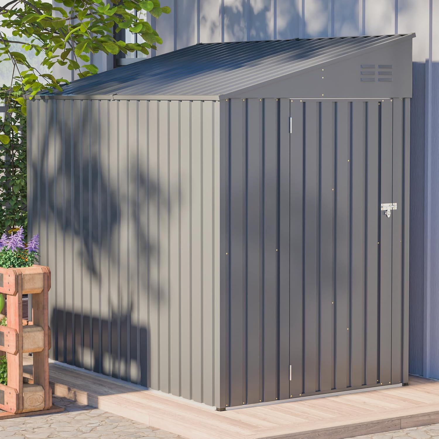 YOPTO 4x7 FT Outdoor Storage Shed,Lean to Lockable Metal Garden Shed Steel with Reinforced Beams,All Weather Waterproof Storage House W/Lockable Door,for Backyard,Patio,Lawn,Garden,Dark Gray