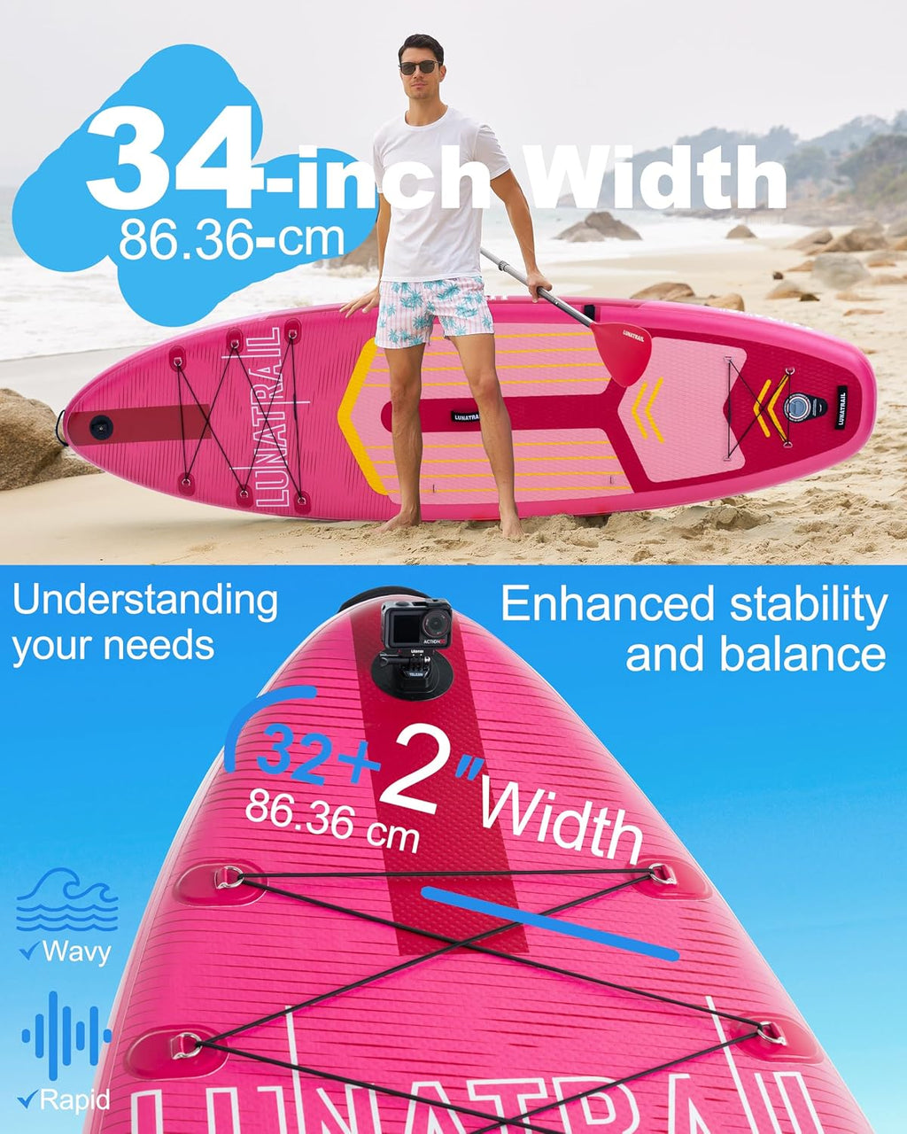 【11'×34'】 Extra Long/Extra Wide Premium Inflatable Stand Up Paddle Board (SUP) – Portable & Lightweight for Yoga, Surfing, Family Fun | Complete Kit with Paddle, Pump, Bag | Durable Design