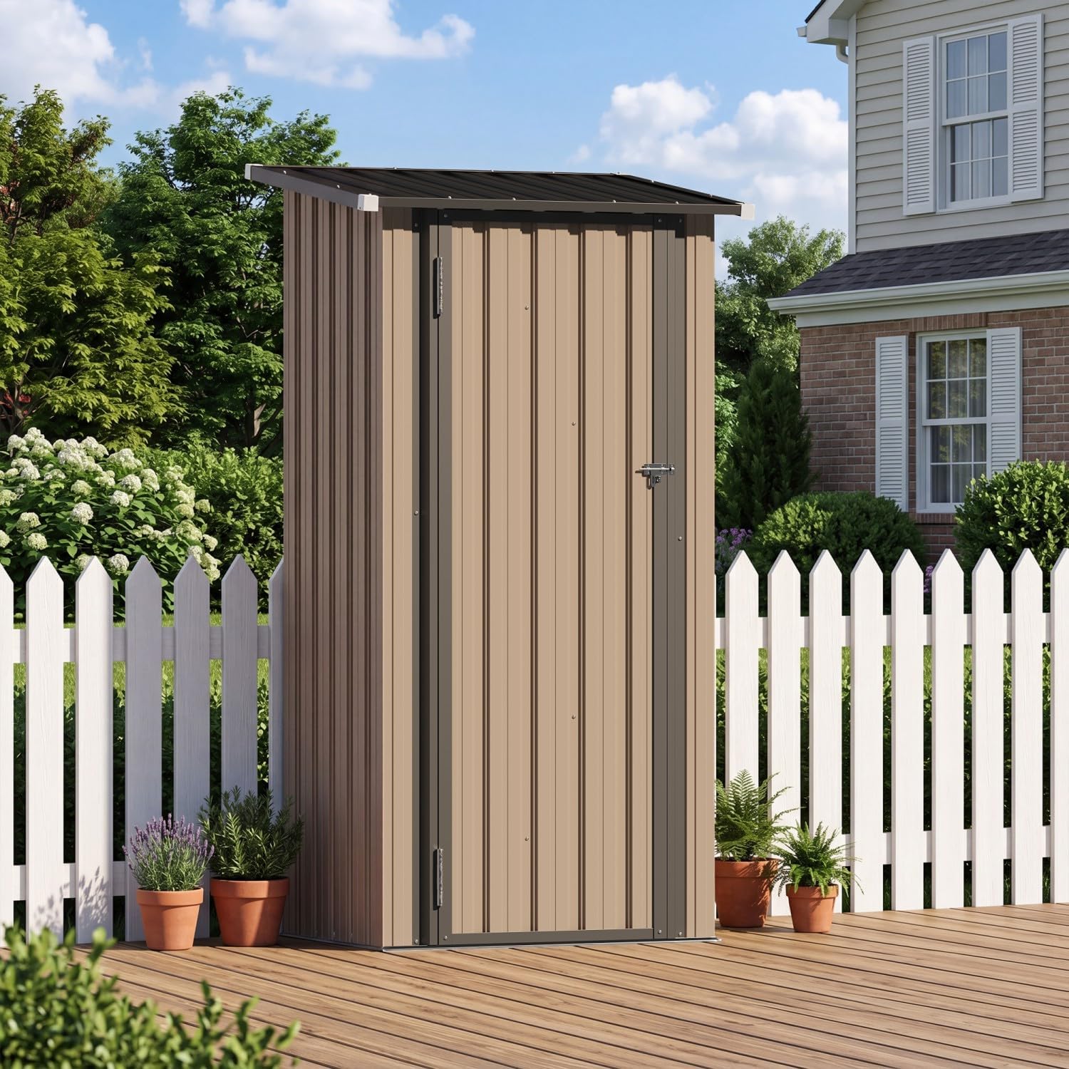 Aoxun Outdoor Storage Shed with Floor - Vertical Cabinet, 3x3 FT Metal Shed with 2 Adjustable Shelves & Lockable Doors Waterproof Tools Shed for Backyard, Garden, Patio, Lawn (Brown)