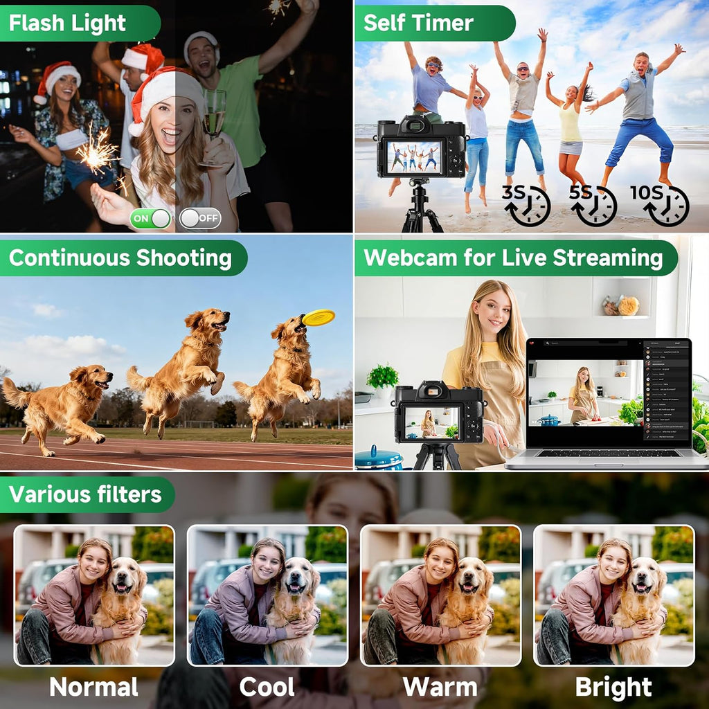 Digital Camera,UHD 75MP 5K Digital Camera for Photography with WiFi,64GB SD Card Vlogging Camera for YouTube,Travel Camera Featuring 3' 180°Flip Screen,Suitable for Beginners and Teens,Green