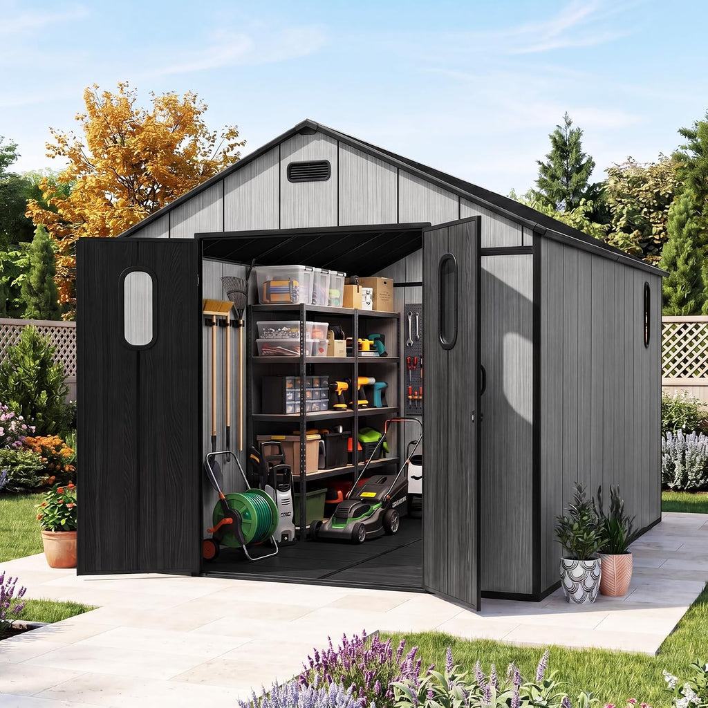Domi 8x12Ft Resin Outdoor Storage Shed with Floor, Plastic Garden Storage Shed, Outside Weatherproof Storage Building for Tools, Bike, Lawn Mower, Patio, Backyard