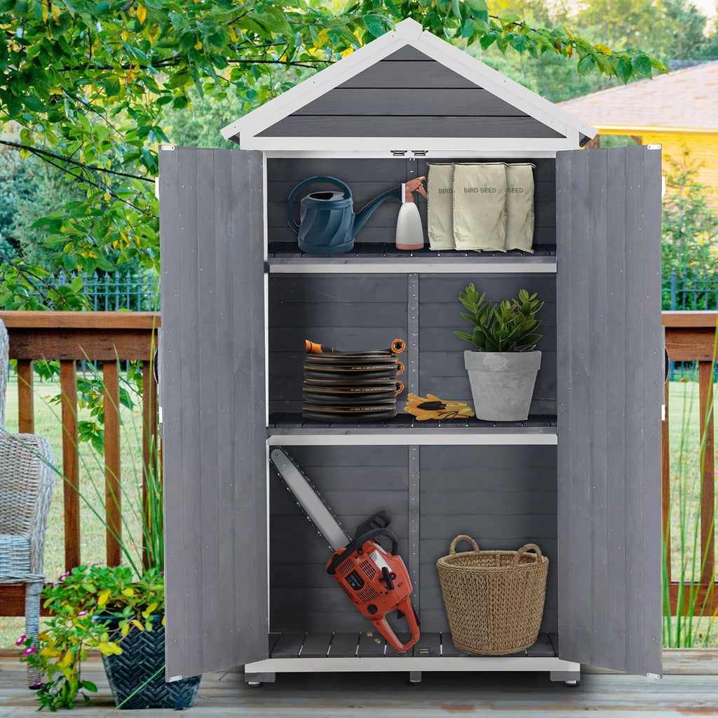 MCombo Outdoor Storage Cabinet with 2 Shelves, Outside Storage Shed with Floor, Wooden Garden Tool Shed with Latch for Yard Deck Lawn, 1000