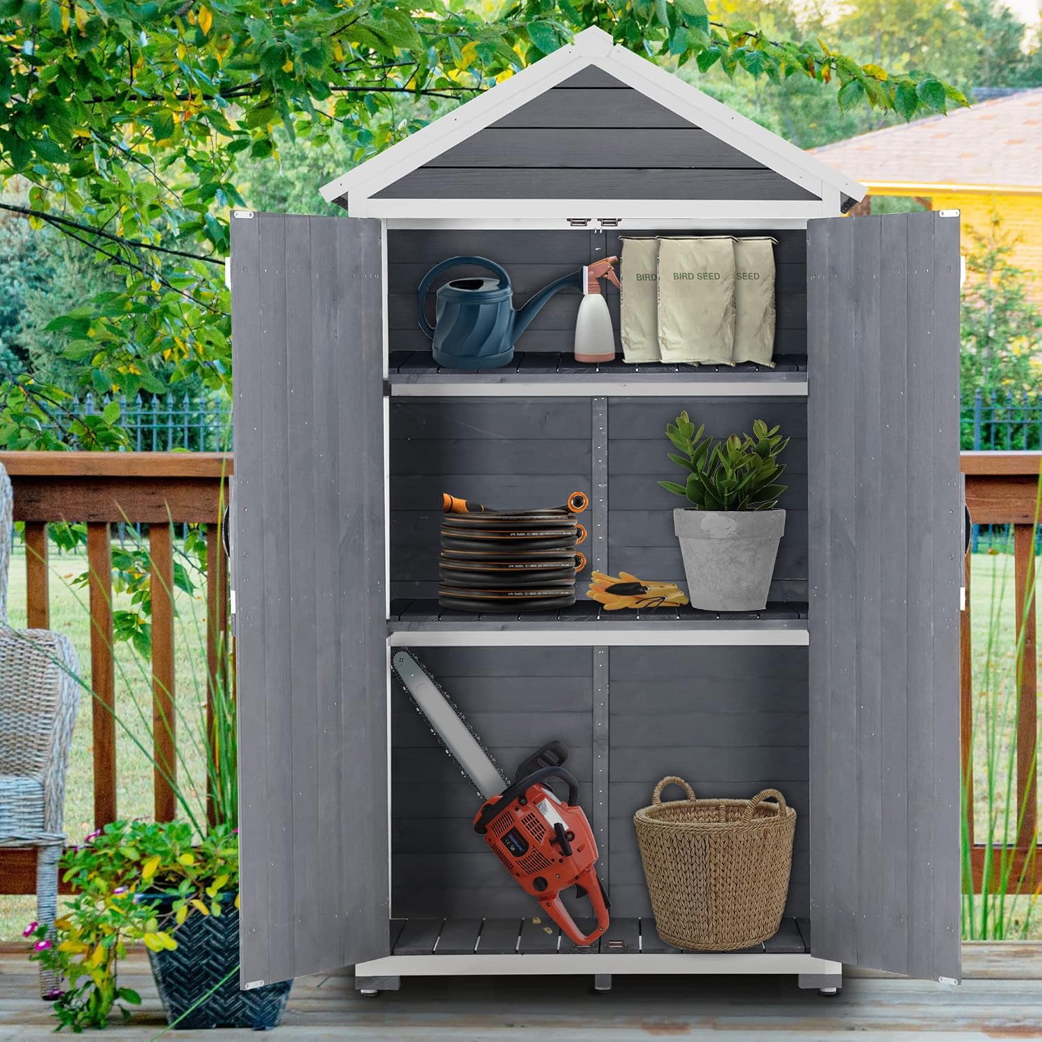 MCombo Outdoor Storage Cabinet with 2 Shelves, Outside Storage Shed with Floor, Wooden Garden Tool Shed with Latch for Yard Deck Lawn, 1000