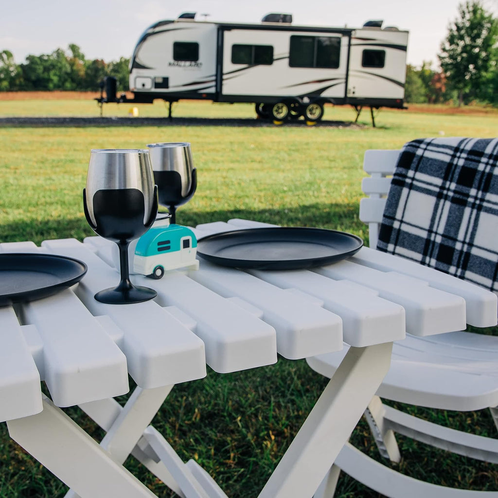 Camco Outdoor Table and Chair Set | Features Foldable Design for Compact RV Storage and Organization | Great for Camping, Events, Patios, and More | No-Tool Assembly | 3-Piece, White (51640)