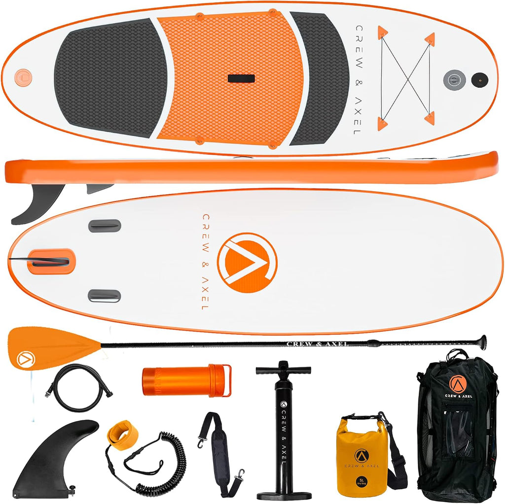 Crew Axel Inflatable Paddle Board 10'33'6' Extra Wide & Lightweight (18lb) Paddle Board – Premium SUP Set Includes 2 Bags, Floating Paddle, Camera Mount, 3 Fins, Dual Pump Kit