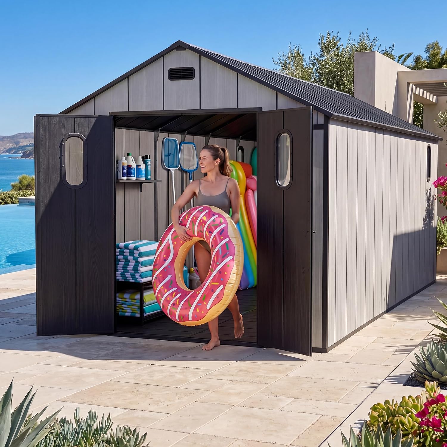 Domi 8x16Ft Resin Outdoor Storage Shed with Floor, Plastic Garden Storage Shed, Outside Weatherproof Storage Building for Tools, Bike, Lawn Mower, Patio, Backyard