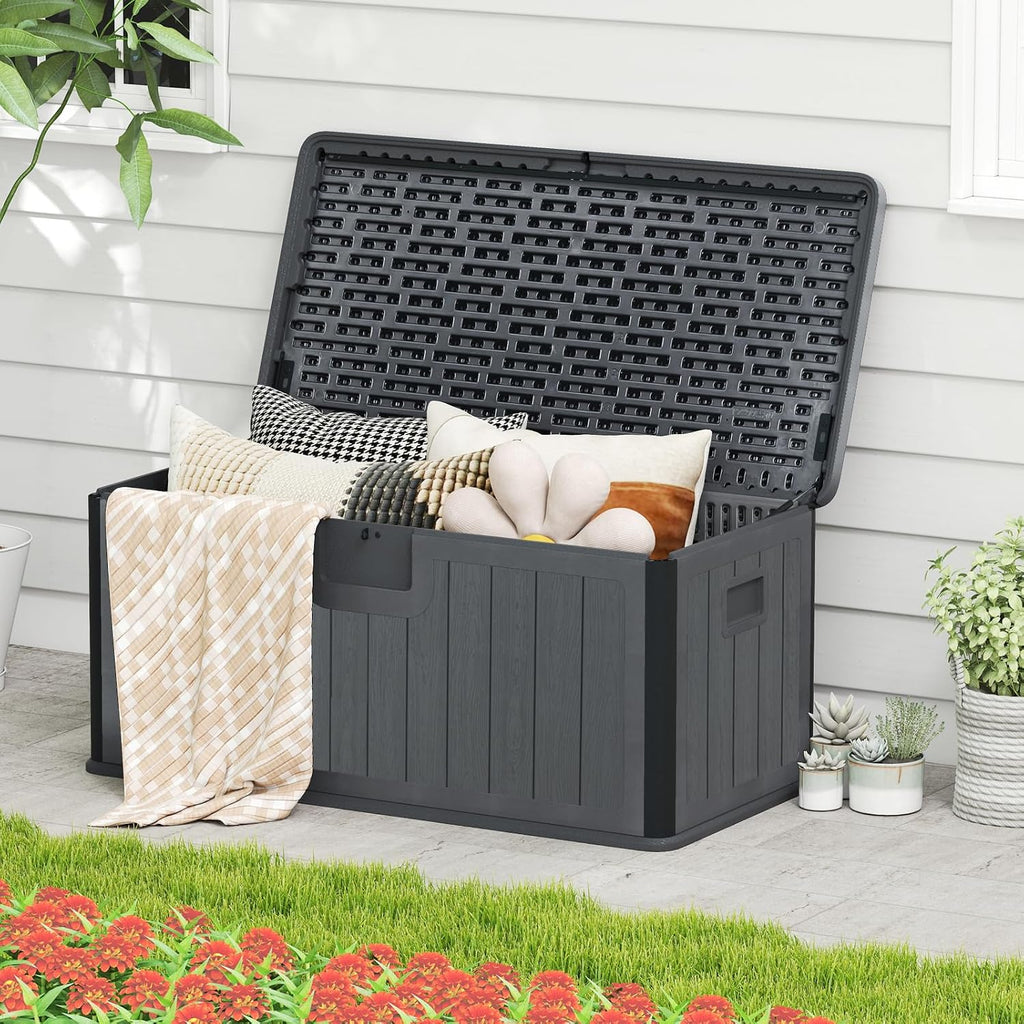 Giantex 100 Gallon Deck Box, Waterproof Resin Box with Lockable Lid, 440Lbs Outdoor HDPE Storage Container Bench for Patio Furniture Cushions, Pool Tools & Garden Accessories (Grey)
