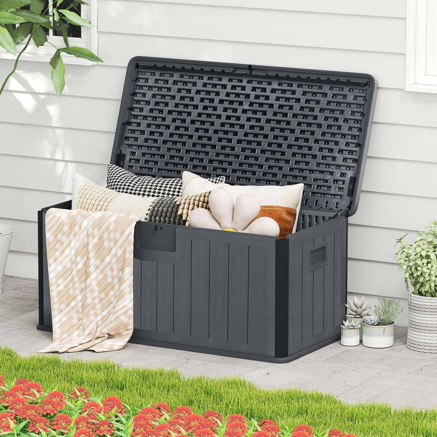 Giantex 100 Gallon Deck Box, Waterproof Resin Box with Lockable Lid, 440Lbs Outdoor HDPE Storage Container Bench for Patio Furniture Cushions, Pool Tools & Garden Accessories (Grey)