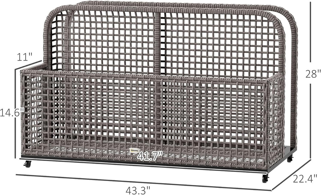 Outsunny Patio Wicker Pool Float Storage with Wheels, Outdoor Rolling PE Rattan Pool Caddy, Includes Compartment and Basket, for Pool, Garden, Deck, Light Gray