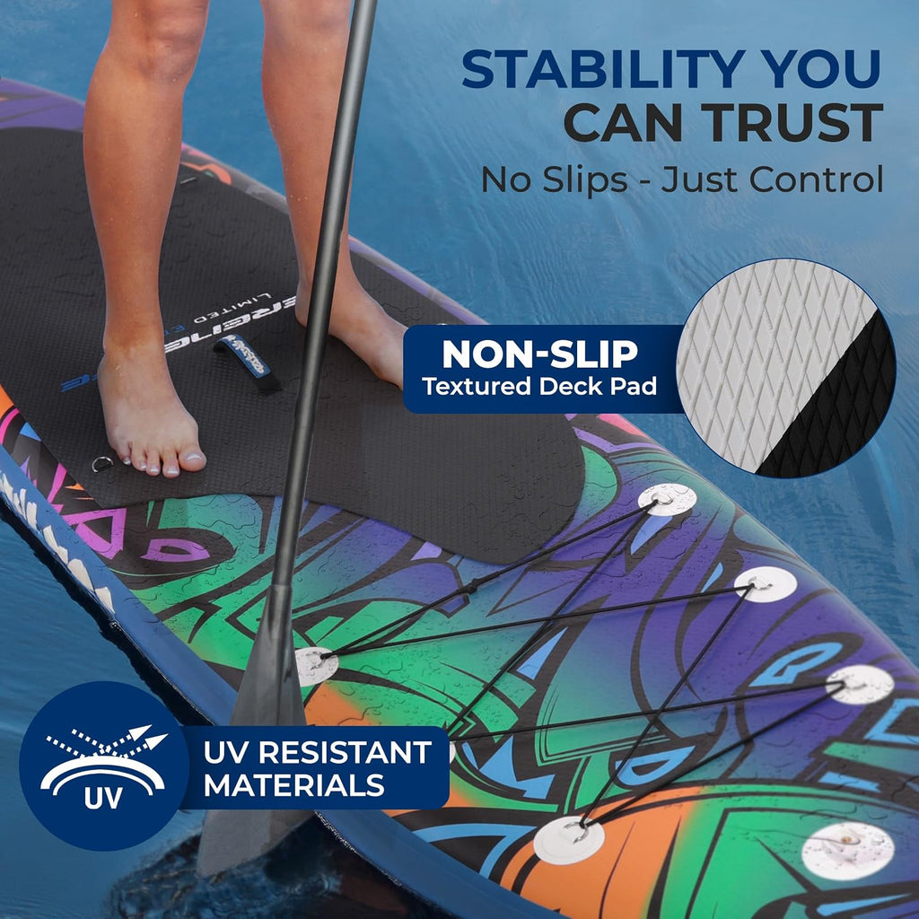 SereneLife Inflatable Stand Up Paddle Board - Wide Stable Design, Non-Slip Deck for Adults & Youth with Premium Paddle Board Accessories: Carry Bag, Dual Action Pump, Paddle, Ankle Leash