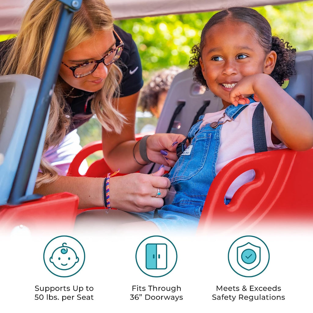 Gaggle by Foundations Parade 6 Seat Buggy Stroller | 6 Passenger Buggy for Kids | 6 Seat Daycare Stroller with 5-Point Safety Harness | EasyLoad Steps | SoftStop Brake | Ergonomic Push Handle | Red