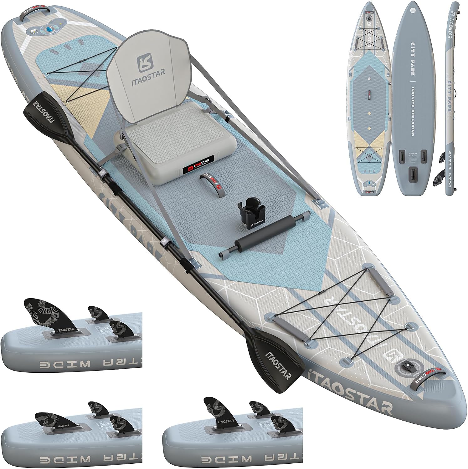 iTAOSTAR City Park 12'×35' Extra Wide Paddle Board with Seat, One-Stop Premium SUP Board Gears, Tailored 5 Fins, Stable Inflatable Stand Up Paddle Boards for Youth/Adults of All Levels