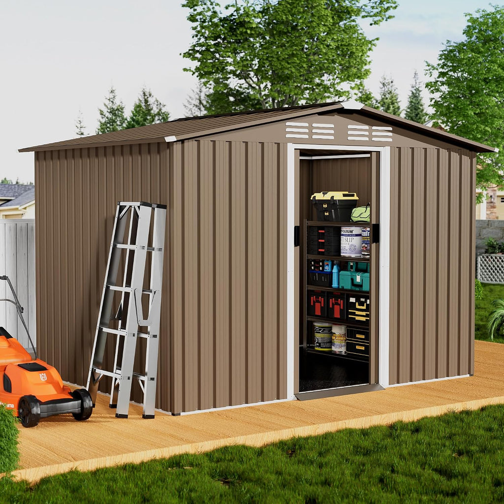 8x6FT Outdoor Storage Shed with Floor,Lockable Sliding Doors Outdoor Waterproof Tool Storage Sheds,Metal Storage Shed for Garden, Patio, Backyard(Brown)