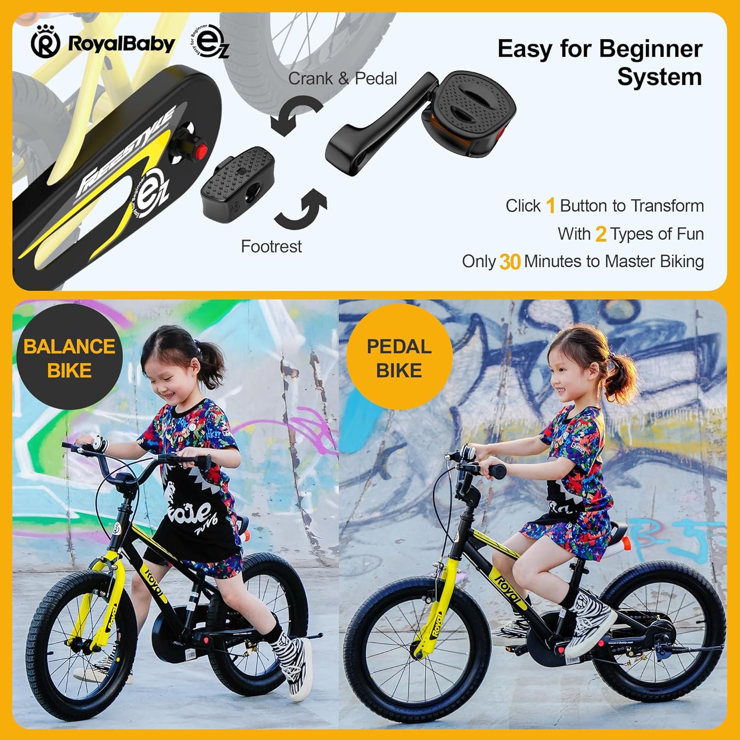 RoyalBaby EZ Kids Bike 12 14 16 18 20 Inch Balance Pedal 2-in-1 Training Bicycle Boys Girls Ages 3 to 12 Years Easy Learn for Beginners