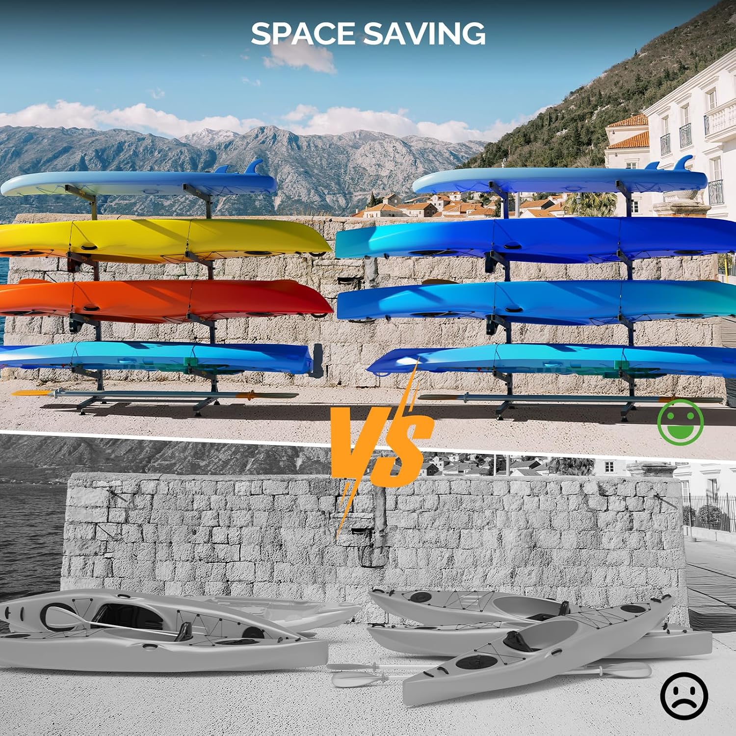 Bonnlo Kayak Storage Rack, Adjustable Heavy Duty Kayak Rack for Kayaks Paddle Boards, Kayak Paddle Holder for Garage, Spacesaver, Gentle on Padding, Boat Organizer