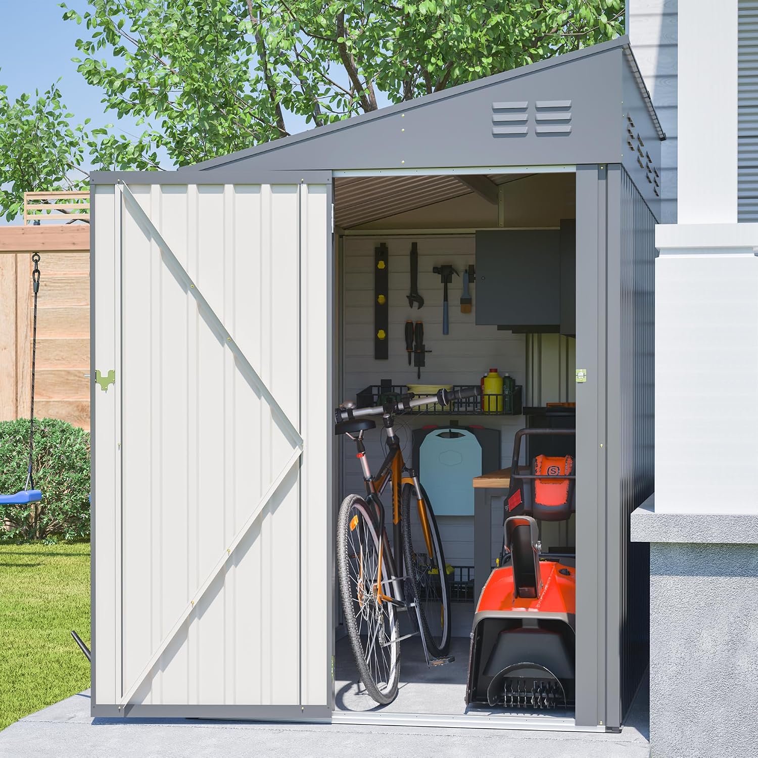 YOPTO 4×7 FT Outdoor Metal Storage Shed,Heavy-Duty Lean to Storage Shed with Lockable Door and Reinforced Beams,All Weather Waterproof Storage House W/2 Air Vents,for Backyard,Patio,Lawn,Dark Gray
