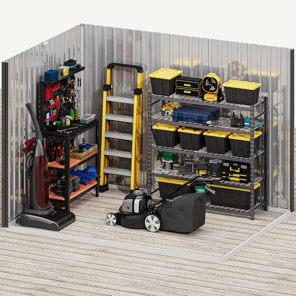 DWVO 8x6ft Large Tool Storage Shed with Window, Lockable Doors, and Sloped Roof, Oversized Steel Outdoor Storage Shed for Garden, Patio, Garage, Backyard, Lawn - Gray & White
