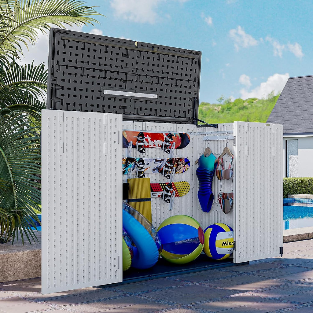AOXUN Horizontal Storage Sheds 41 Cu.ft, HDPE Outdoor Storage Box 160 Gallon, Waterproof Lockable Resin Deck Box with Spring-Assisted Lid, Patio Storage for Garden, Pool, Cushions, Tools, White