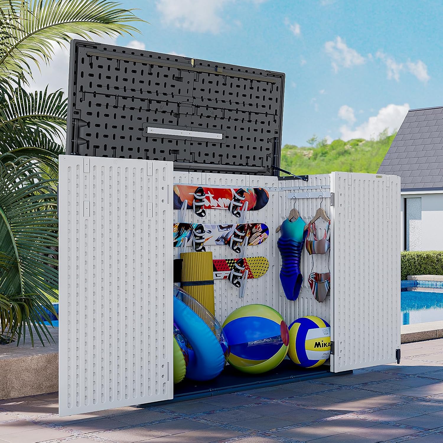 AOXUN Horizontal Storage Sheds 41 Cu.ft, HDPE Outdoor Storage Box 160 Gallon, Waterproof Lockable Resin Deck Box with Spring-Assisted Lid, Patio Storage for Garden, Pool, Cushions, Tools, White