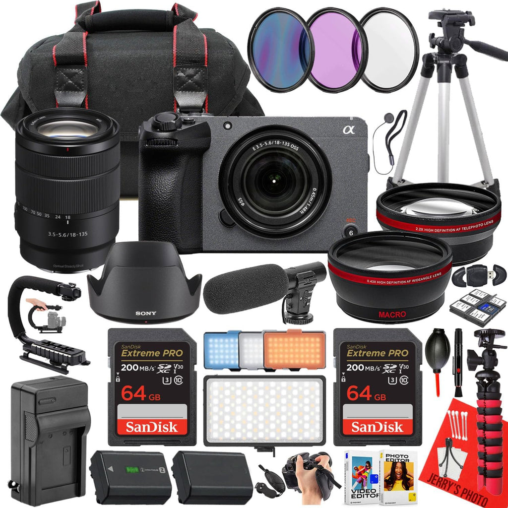 Sony FX30 Digital Cinema Camera with Sony E 18-135mm f/3.5-5.6 OSS Lens + 128 GB Memory + Microphone + LED Light + More (34pc Bundle) (Renewed)