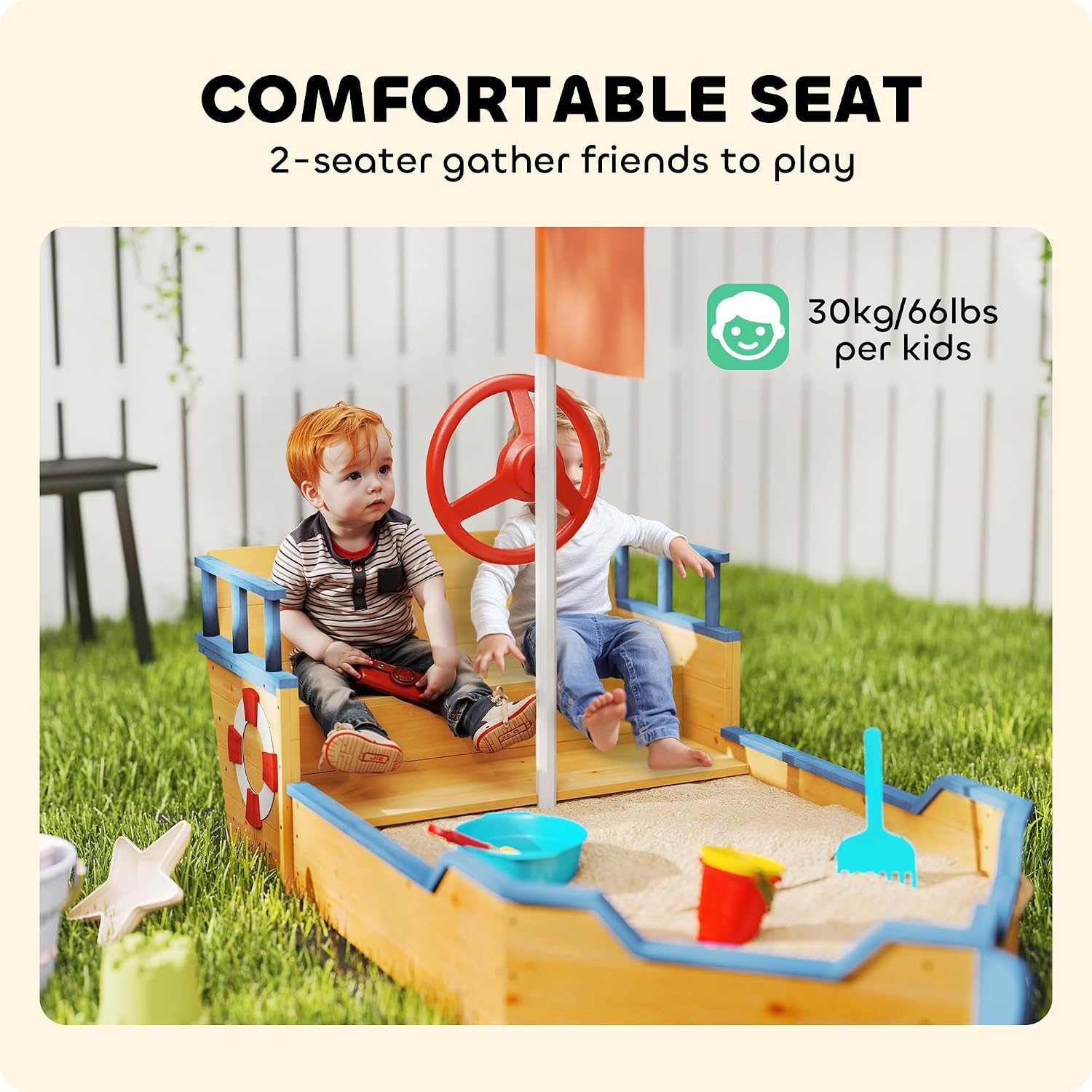 Outsunny Wooden Kids Sandbox, Ship-Shape Outdoor Sandboat with Bench Seats, Storage, Non-Woven Fabric Cloth for Backyard, Lawn, Natural Wood