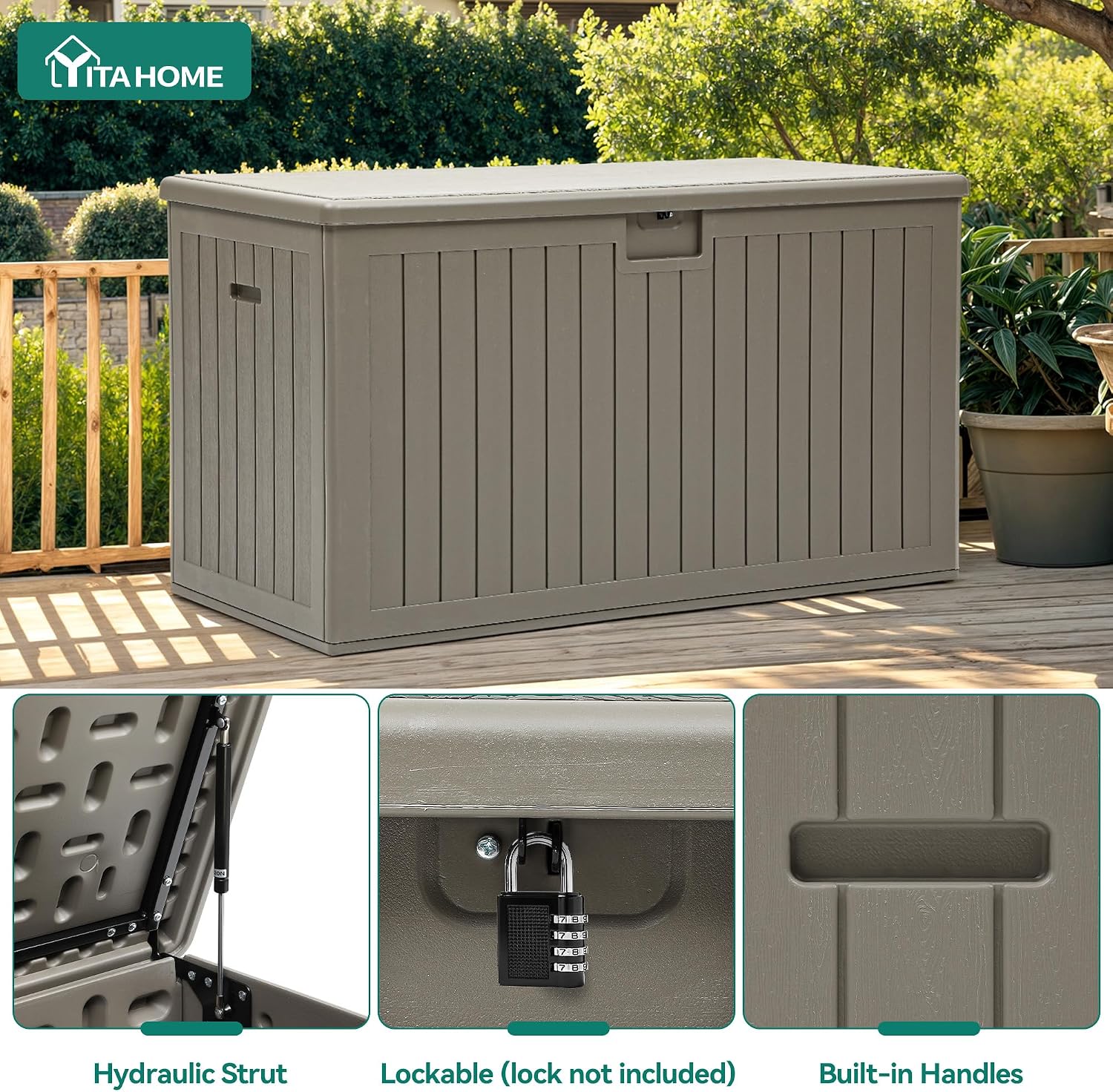 YITAHOME 220 Gallon Double-Wall Deck Box with Divider & Side Handles, Outdoor Large Storage for Patio Furniture Cushions, Garden Pool Accessories, Water Resistant & Lockable