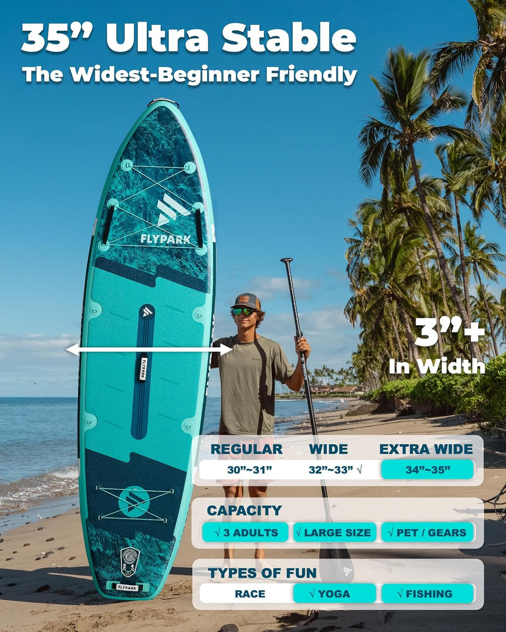 Flypark 10'8/11'x35'' Fishing&Family Stable Inflatable Paddle Boards, Extra Wide SUP Paddleboard Inflatable, 430lb/3 People, Stand Up Paddle Board for Adults, Camera Mount, Shoulder Strap, Rod Holder