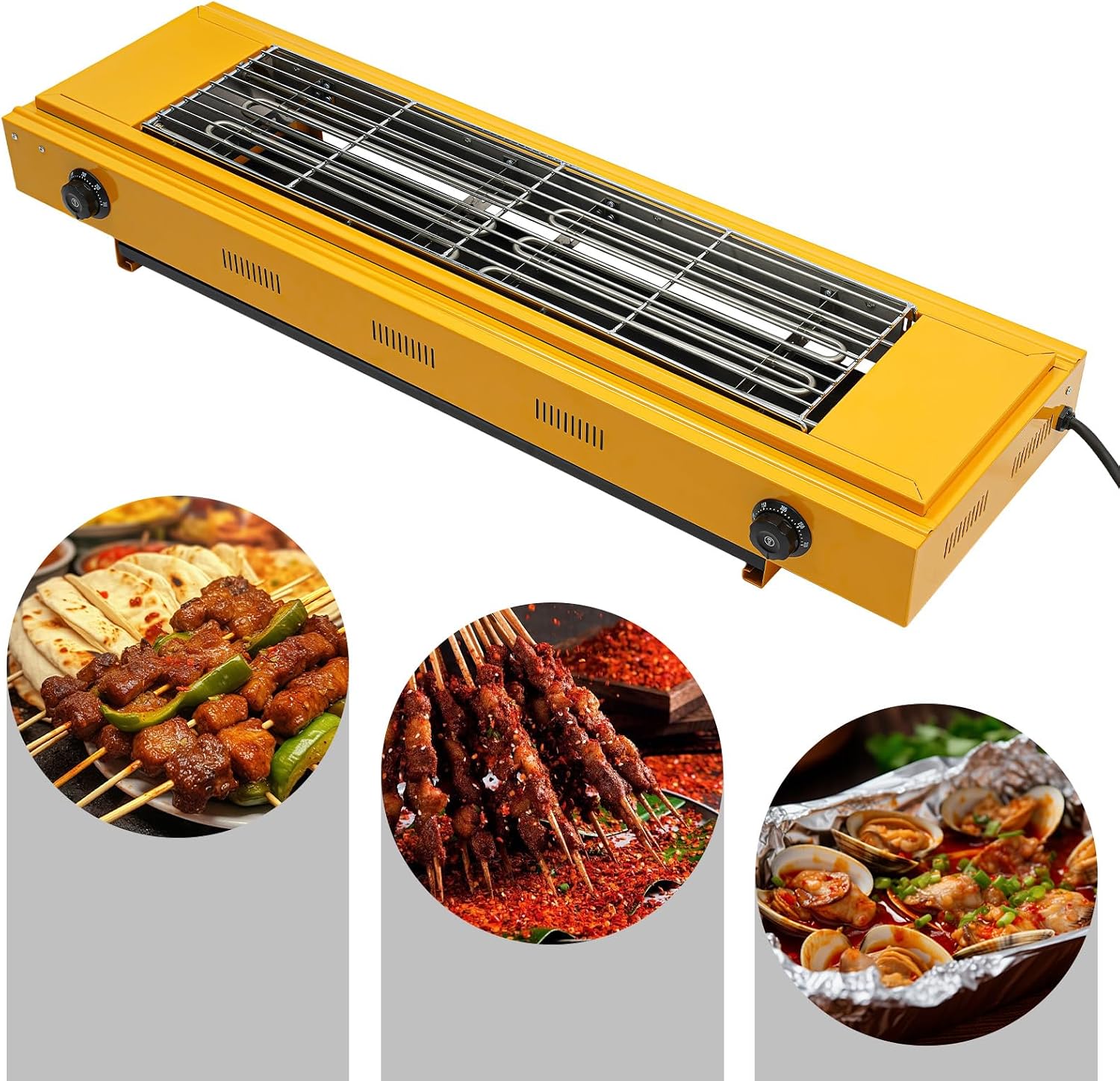DYRABREST Electric Portable BBQ Grill 3000W Dual-Head Temperature Control Stainless Steel Griller with Large 31.6x20.5 Inch Cooking Surface, 110V Outdoor Grill for Steak, Chicken, Vegetables (Yellow)