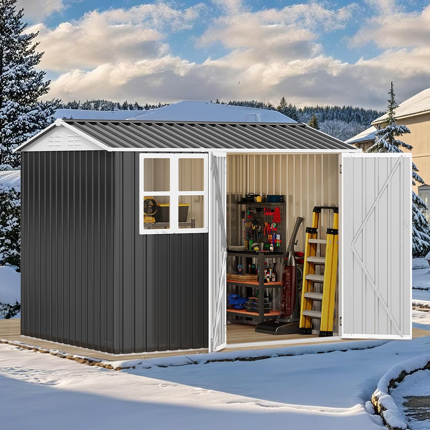 DWVO 8' x 6' Outdoor Storage Shed, Waterproof Metal Garden Shed with Windows, Lockable Doors, and Sloped Roof for Patio, Backyard, Lawn, Tool Storage, Bike Shed, Pet Shelter (Gray + White)