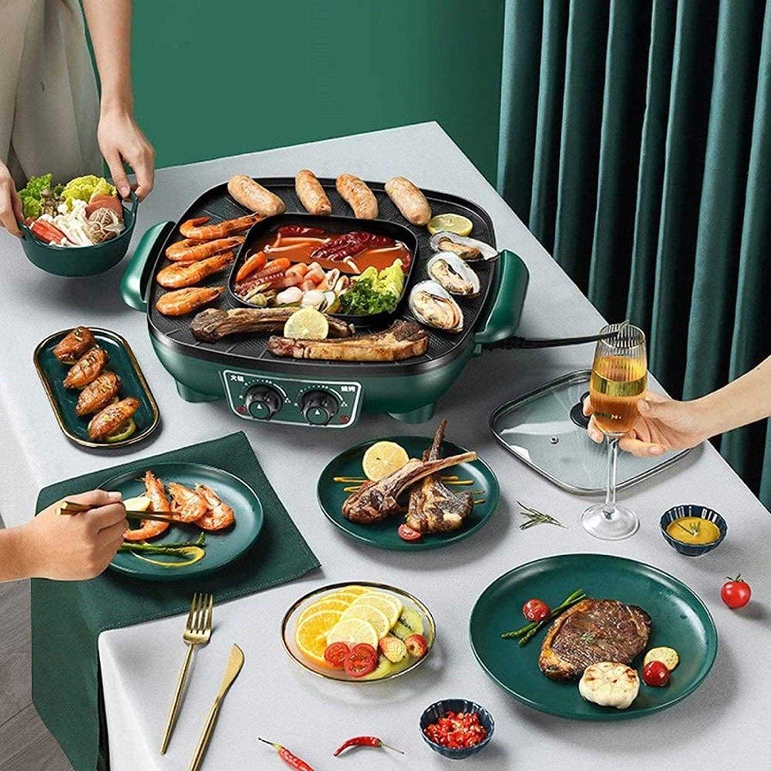 Electric BBQ Grill Indoor Hot Pot Grilling Integrated Pot Independent Temperature Control Fast Heating Electric Pot Household Smokeless Non-stick Electric Oven