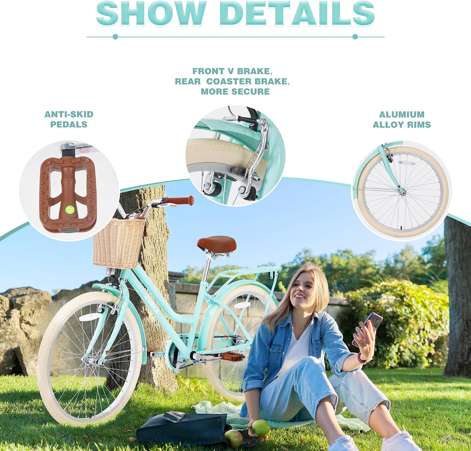 20'/24' Inch Girls Cruiser Bike 1-Speed Hybrid City Bicycle for Youth 7-10+ Years Old with Wicker Basket & Rear Rack，Kids Cycle Bikes，Hand&Pedal Brake，Steel Frame，Multiple Colors