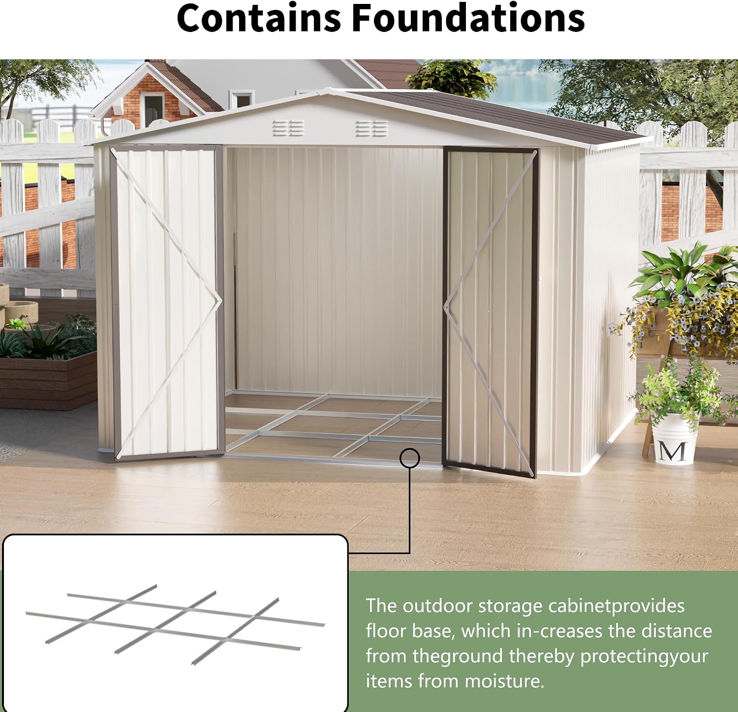 YOPTO 10x8 FT Outdoor Storage Shed with Foundation,Metal Aluminum Tool Sheds,Heavy-Duty Sheds with Sloped Roof, Air Vent and Hinge Doors,Garden Shed Bike Shed for Backyard Patio Lawn,Cream White