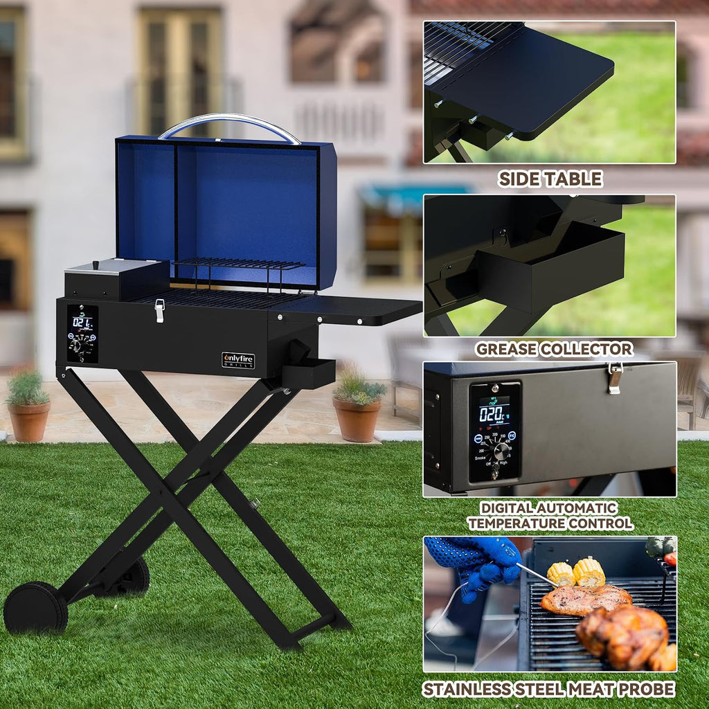 ONLYFIRE GRILLS BBQ Wood Pellet Grill Smoker with Foldable Cart, Meat Probe, 2 Tiers Cooking Area, Portable Smoking Grilling Stove for Outdoor Patio Cooking, RV Camping Tailgating, Blue GS342