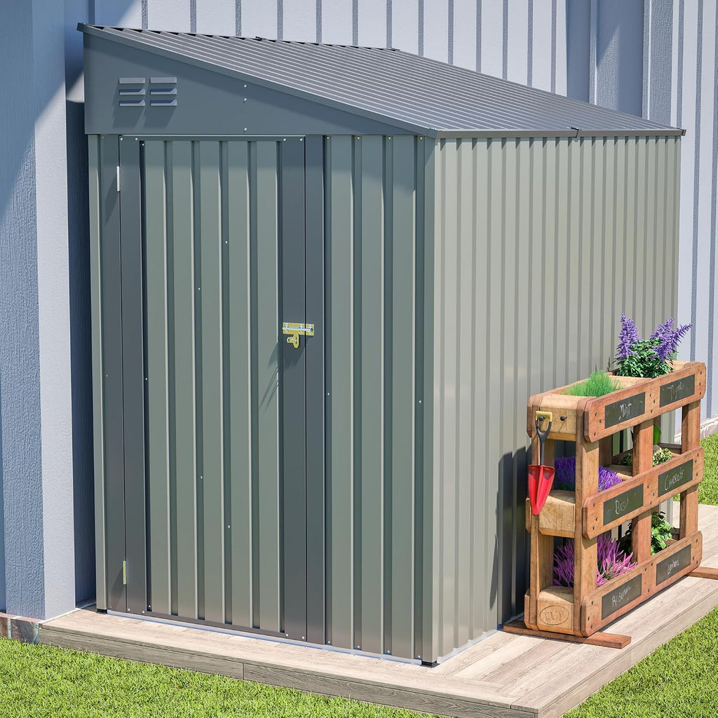 YOPTO 4×7 FT Outdoor Metal Storage Shed,Heavy-Duty Lean to Storage Shed with Lockable Door and Reinforced Beams,All Weather Waterproof Storage House W/2 Air Vents,for Backyard,Patio,Lawn,Gray