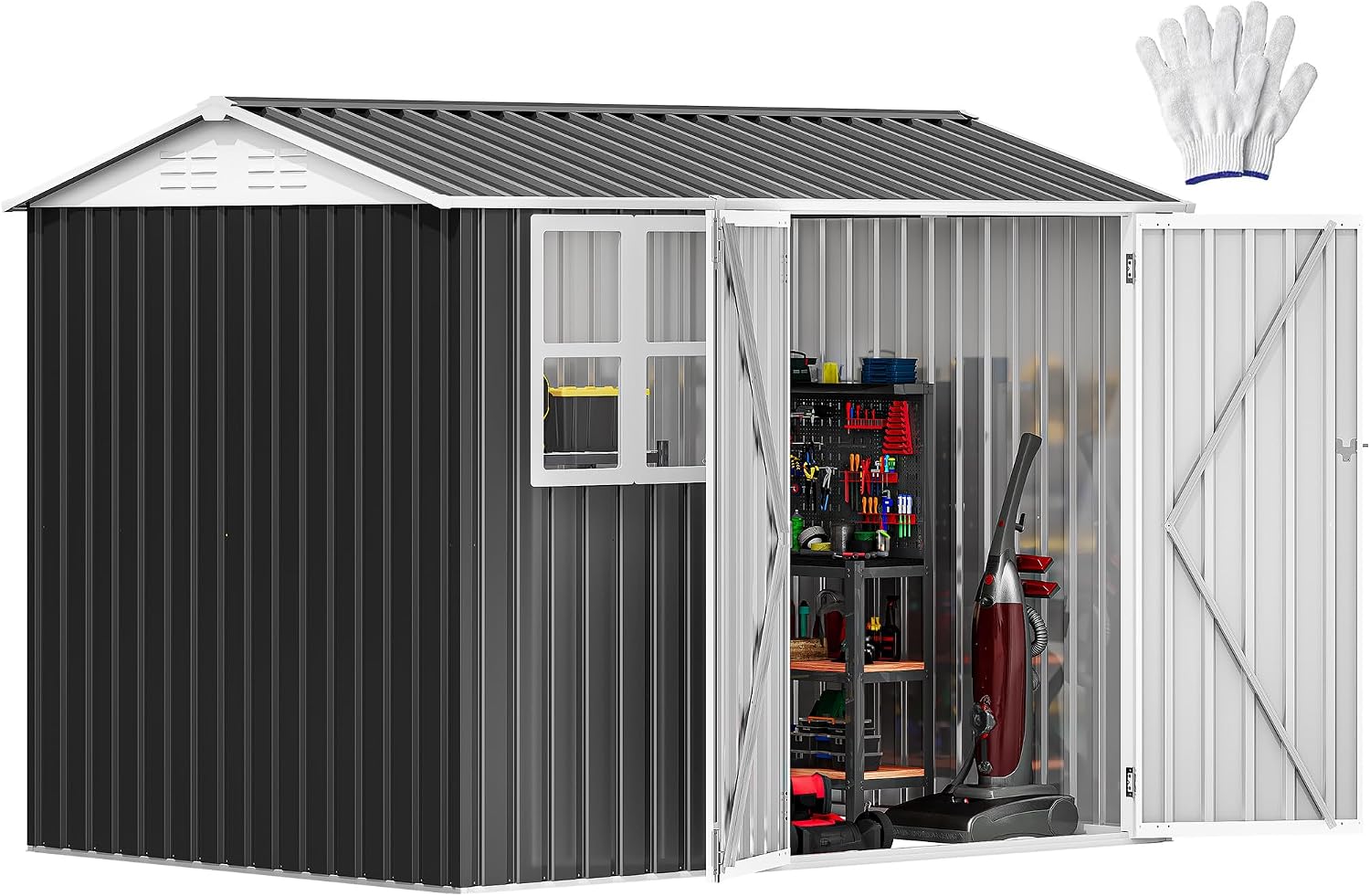 DWVO 8' x 6' Outdoor Storage Shed, Waterproof Metal Garden Shed with Windows, Lockable Doors, and Sloped Roof for Patio, Backyard, Lawn, Tool Storage, Bike Shed, Pet Shelter (Gray + White)